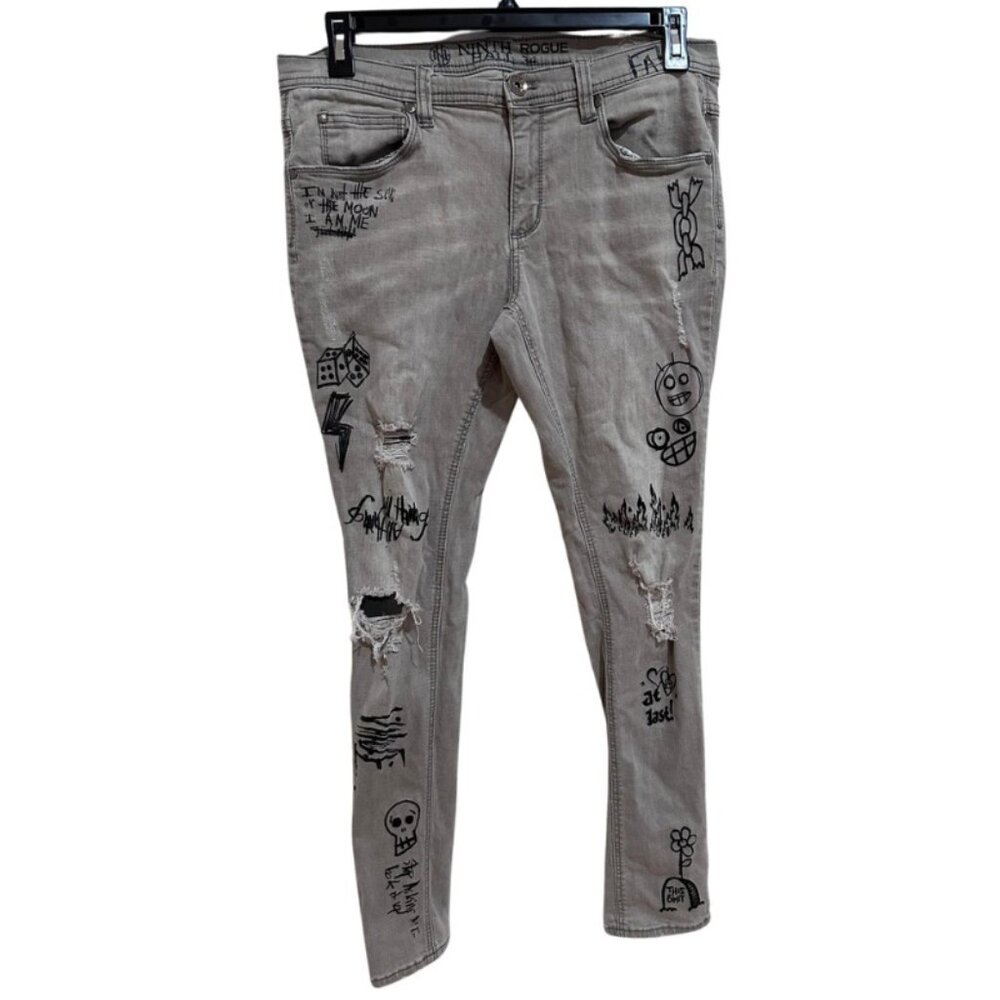 Ninth Rogue Gray Distressed Graffiti Skinny Jeans Men’s 34